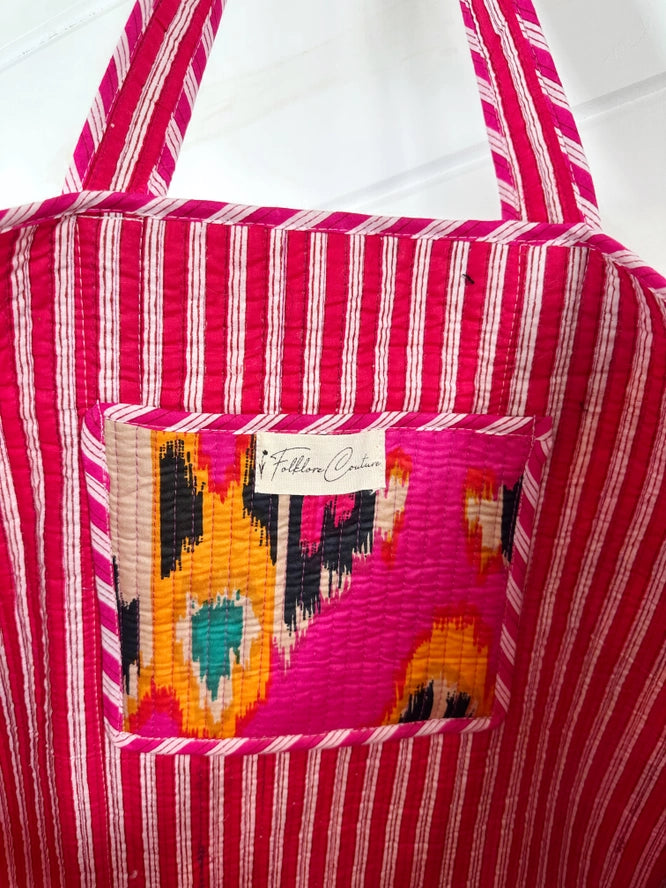 Quilted Cotton Reversible Large Tote Bag - Pink Southwest Ikat Print