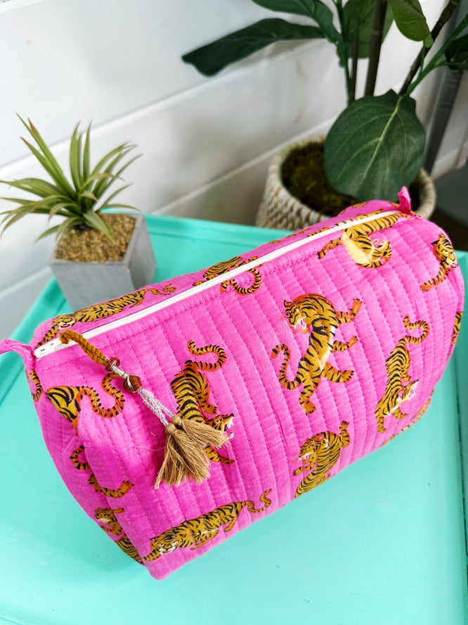 Bright Pink Tiger Print Quilted Makeup Cosmetics Toiletry Bag