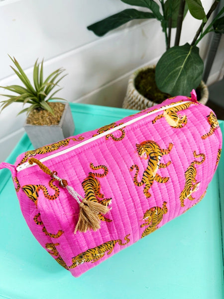 Bright Pink Tiger Print Quilted Makeup Cosmetics Toiletry Bag