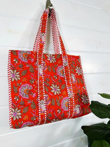 Quilted Block Print Tote Beach Bag Reversible - Orange-Red
