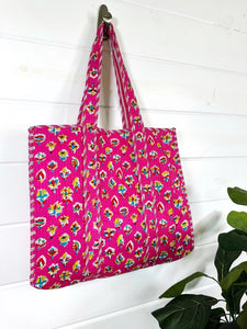 Quilted Block Print Tote Beach Bag Reversible - Pink