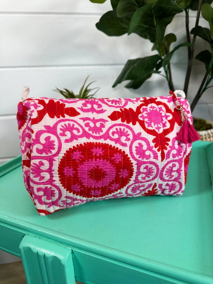 Pink and Red Quilted Makeup Cosmetics Toiletry Bag