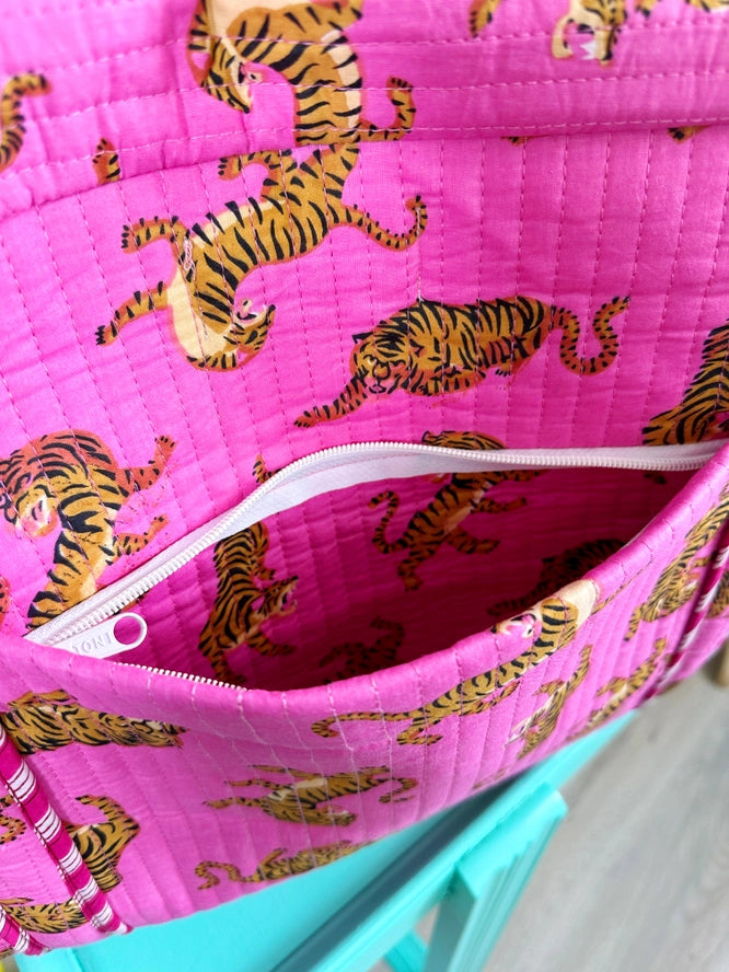 Bright Pink Tiger Print Quilted Weekender Overnight Bag