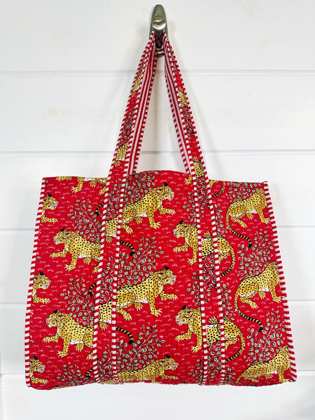 Jaguars Print Red Quilted Cotton Tote Bag