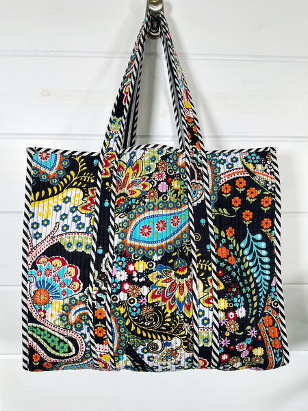 Black Paisley Colorful Quilted Cotton Tote Bag
