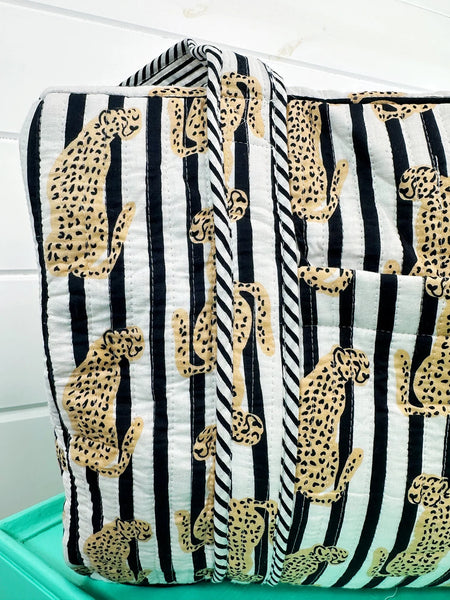 Jaguar Print Black White Stripes Quilted Weekender Overnight Bag