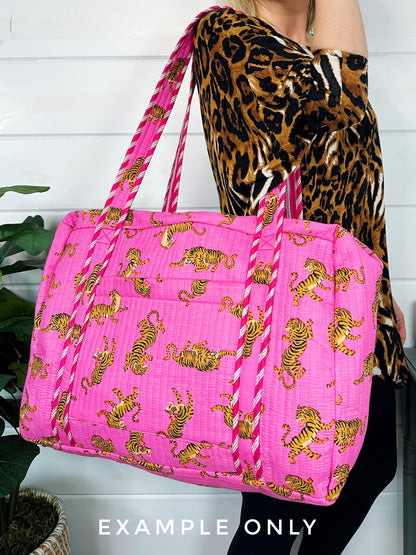 Tiger Print Orange Pink Stripes Quilted Weekender Overnight Bag