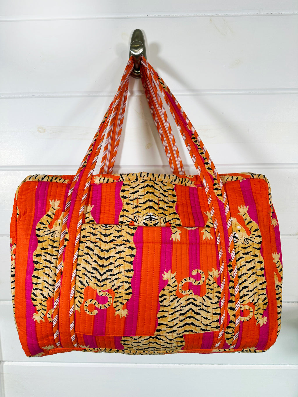 Tiger Print Orange Pink Stripes Quilted Weekender Overnight Bag