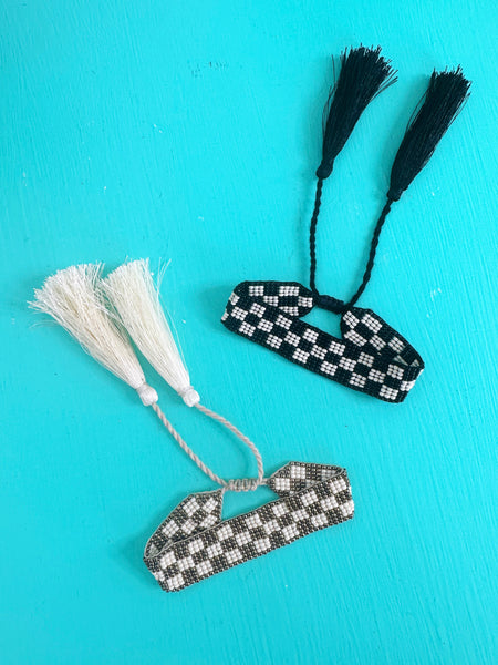 Checkered Seed Bead Bracelets with Tassels - Tan Black White - Set of 2
