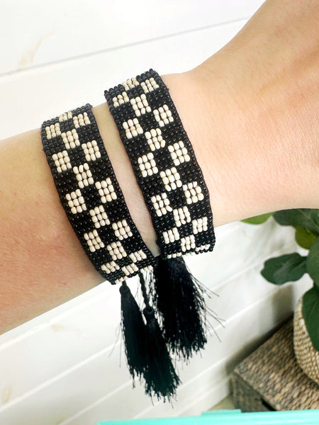 Checkered Seed Bead Bracelets with Tassels - Tan Black White - Set of 2