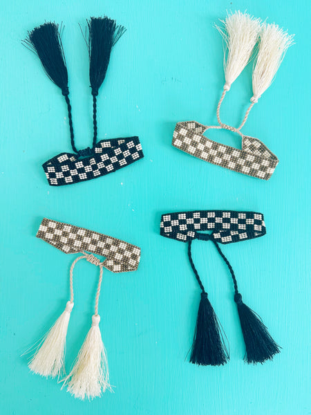 Checkered Seed Bead Bracelets with Tassels - Tan Black White - Set of 2