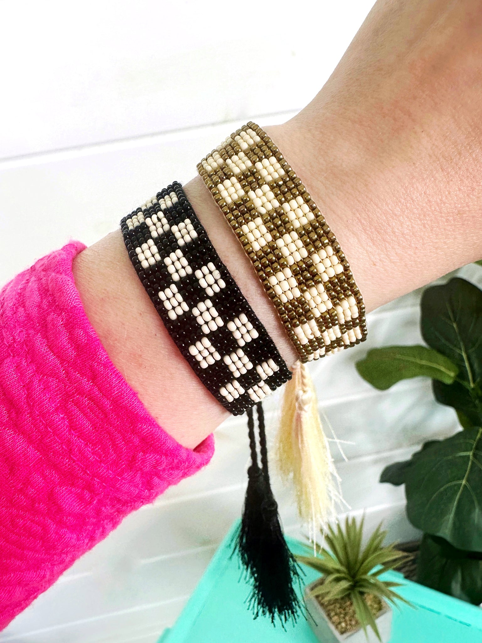 Checkered Seed Bead Bracelets with Tassels - Tan Black White - Set of 2