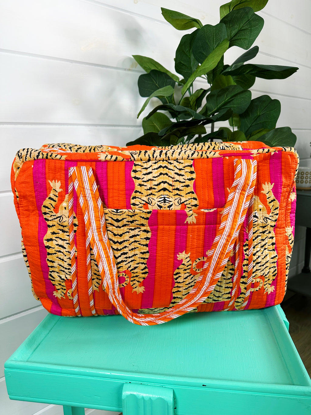 Tiger Print Orange Pink Stripes Quilted Weekender Overnight Bag