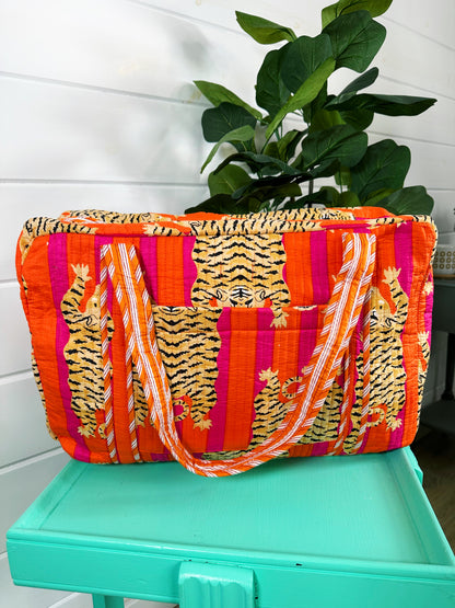Tiger Print Orange Pink Stripes Quilted Weekender Overnight Bag