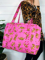 Bright Pink Tiger Print Quilted Weekender Overnight Bag