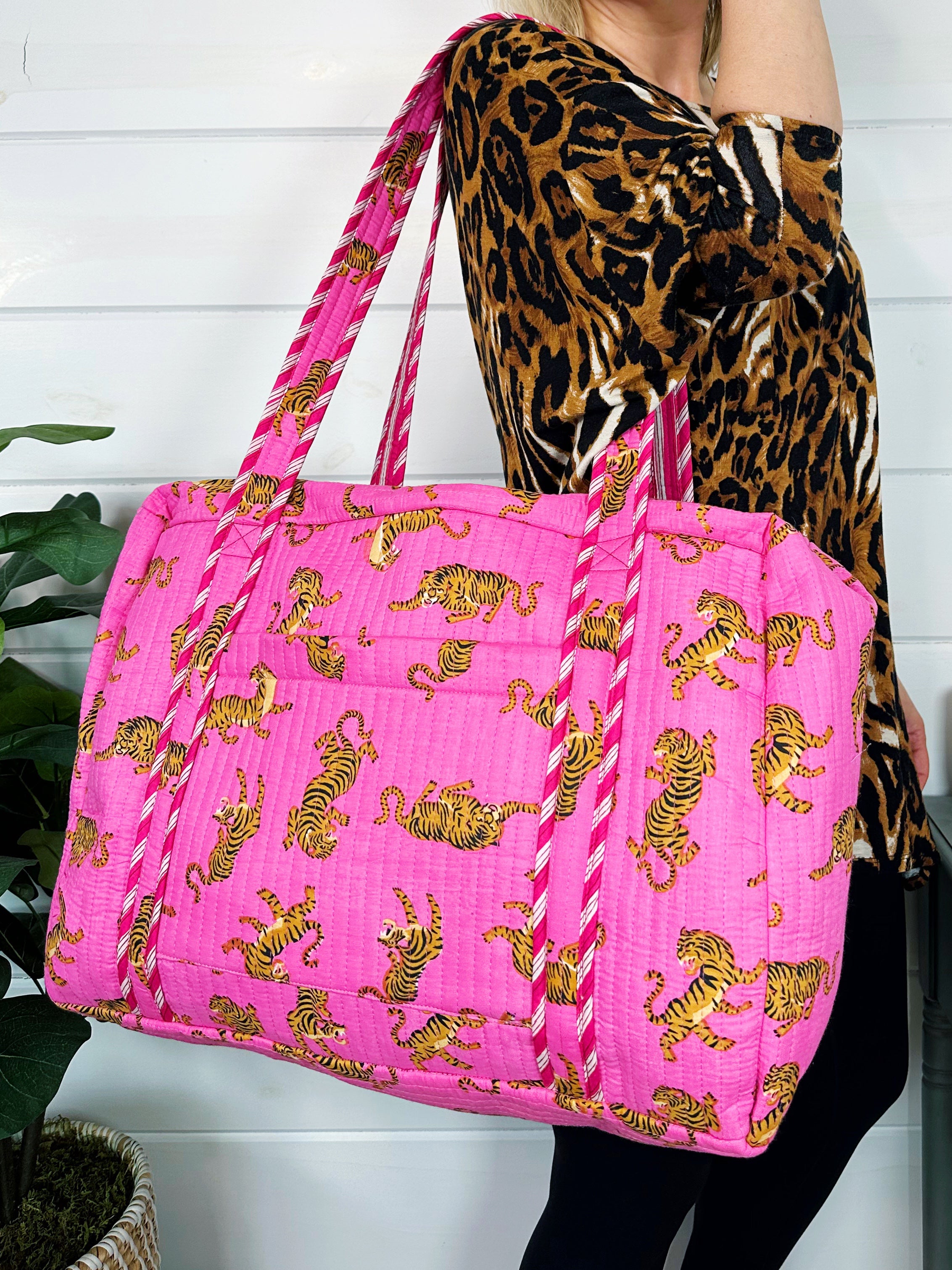 Bright Pink Tiger Print Quilted Weekender Overnight Bag