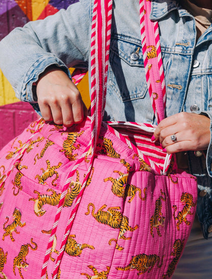 Bright Pink Tiger Print Quilted Weekender Overnight Bag