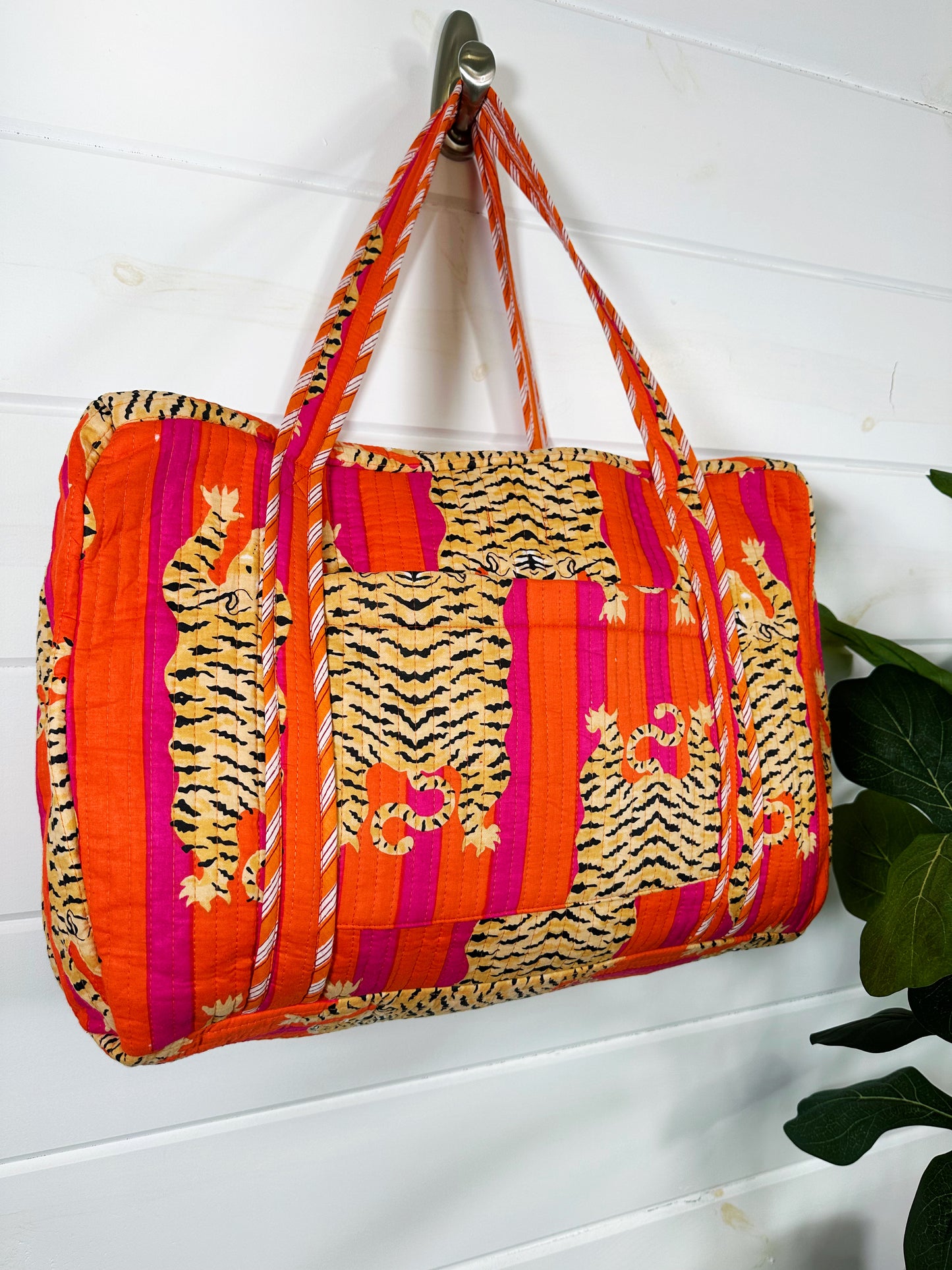 Tiger Print Orange Pink Stripes Quilted Weekender Overnight Bag