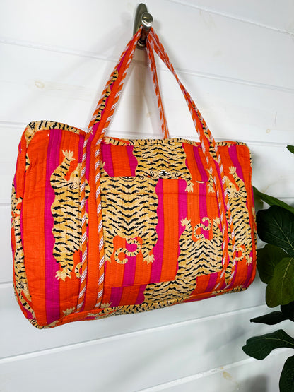 Tiger Print Orange Pink Stripes Quilted Weekender Overnight Bag