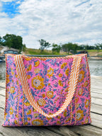 Pink Yellow Floral Print Quilted Cotton Tote Bag