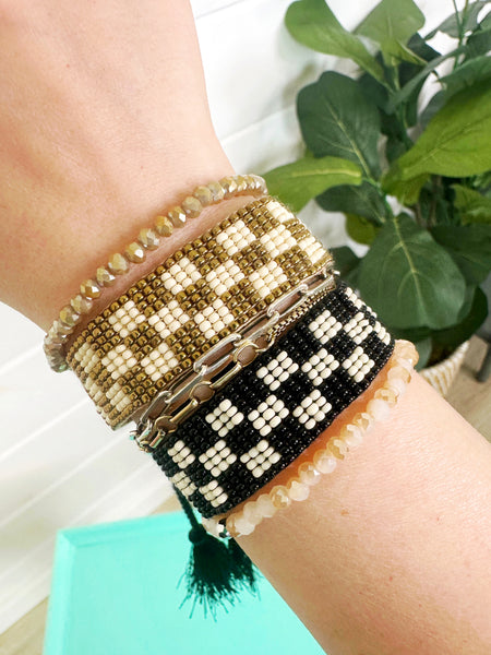 Checkered Seed Bead Bracelets with Tassels - Tan Black White - Set of 2