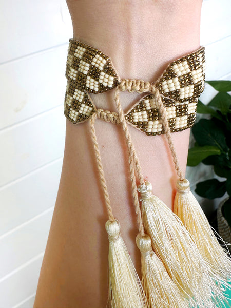 Checkered Seed Bead Bracelets with Tassels - Tan Black White - Set of 2