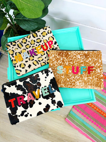 Wholesale Leather Travel, Makeup & Stuff Word Hair on Hide Wristlet Bag - Pack of 3