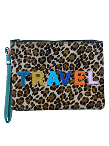 Travel Word Leather Cosmetics Bag Wristlet