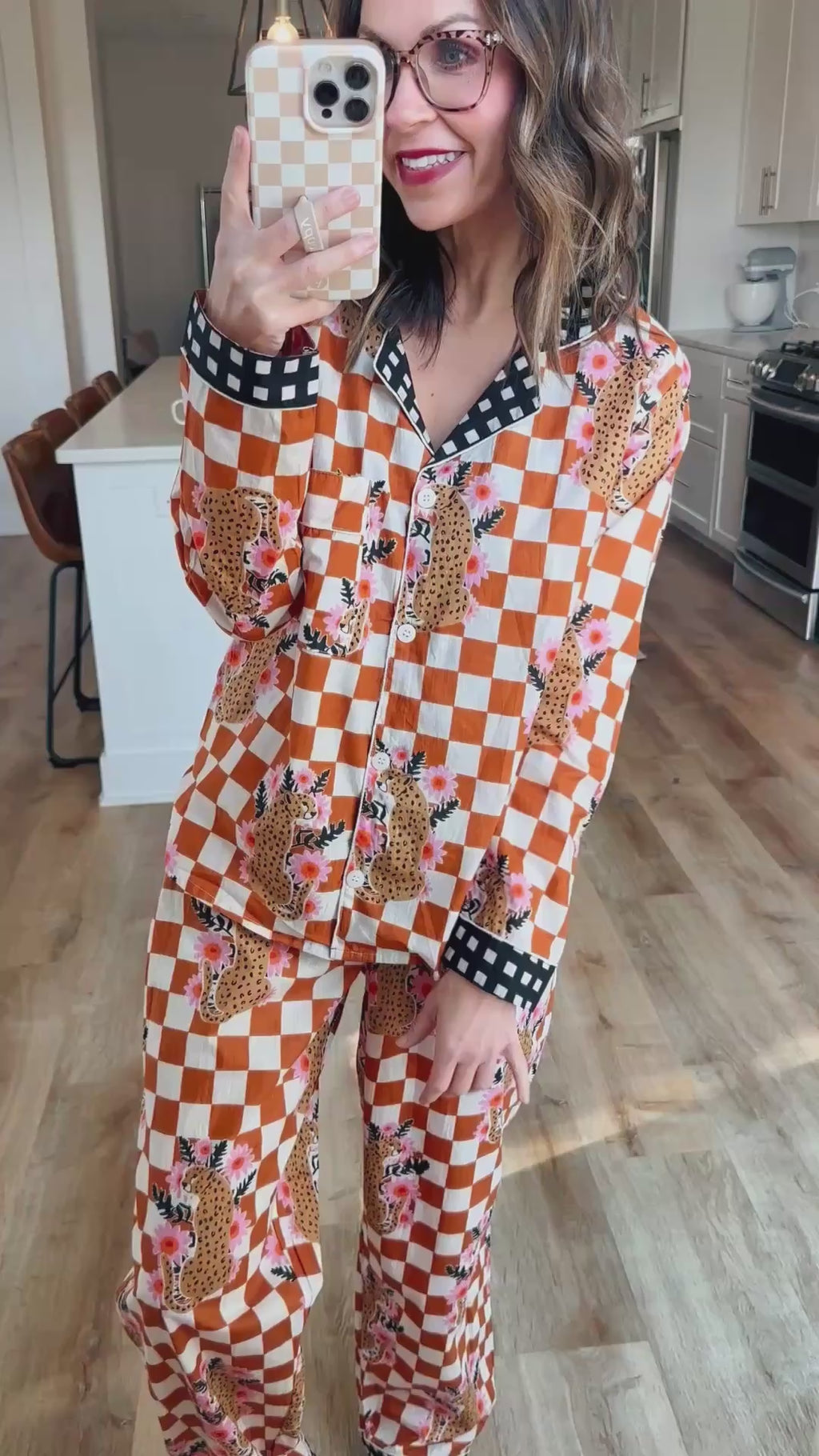 Women's Cotton Pajama Set - Gold Checkered Jaguar Print