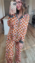 Women's Cotton Pajama Set - Gold Checkered Jaguar Print