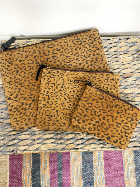 Wholesale Cheetah Print Suede Leather Travel Organizer Pouch Set - Pack of 3