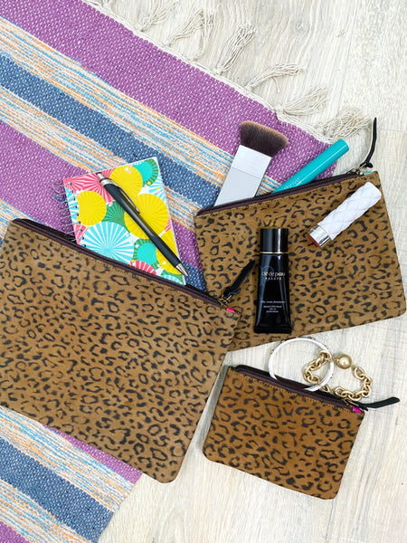 Wholesale Cheetah Print Suede Leather Travel Organizer Pouch Set - Pack of 3