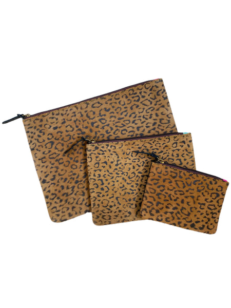 Wholesale Cheetah Print Suede Leather Travel Organizer Pouch Set - Pack of 3